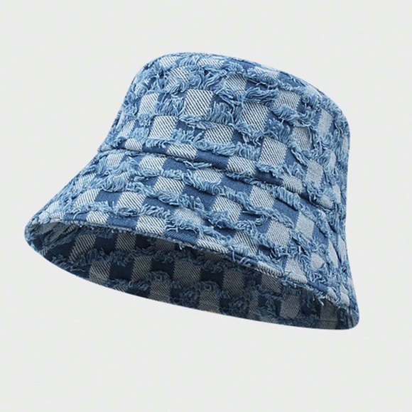 Frayed Checkered Denim Jean Bucket Hat - Picture 5 of 6